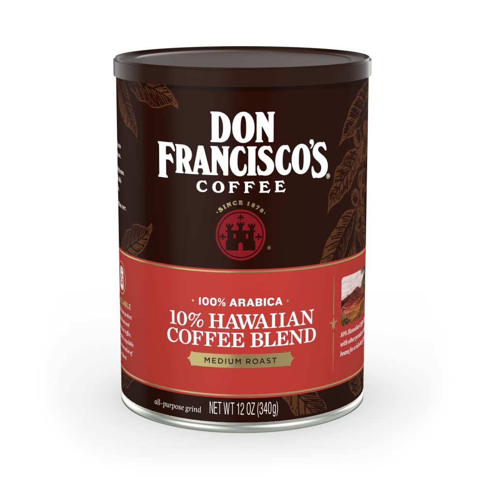 Don Franciscos Premium Hawaiian Blend Ground Coffee, 10% Hawaiian, 12 oz Steel Can, Rich Flavor, Floral Aroma