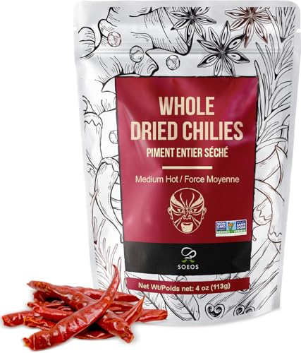 Soeos Whole Dried Chili 4Oz, Medium Spicy, Natural And Premium, Great For Mexican Recipes, Dry Szechuan Pepper, Dry Chile Peppers, Sichuan Pepper, Dried Red Chilie, Whole Dried Chili Peppers.