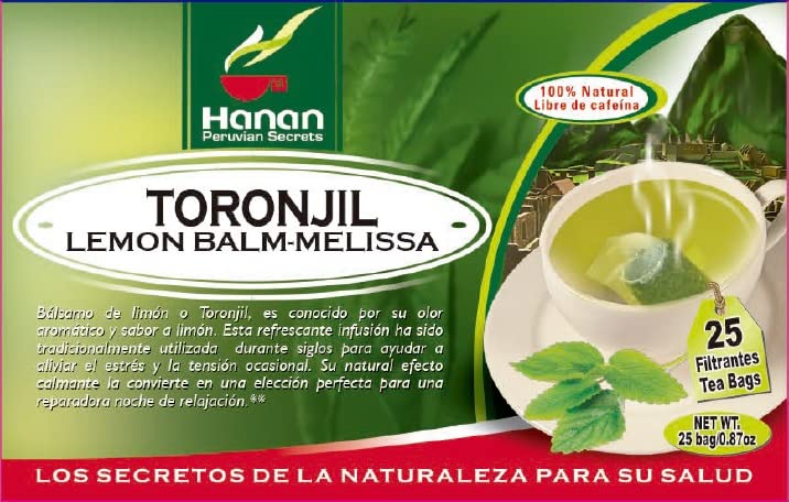 HANAN PERUVIAN SECRETS Lemon Balm Tea - Herbal Tea with 25 Teabags - Natural Dried Plant Leaves from Peru