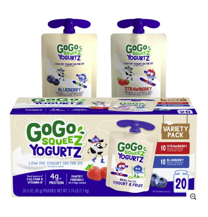 GoG o Squee Z Yogurt Pouches, Strawberry and Blueberry Variety Pack, 3 oz, 20 Count, Pack of 1