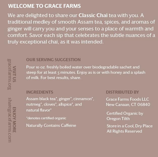 Grace Farms Organic Classic Chai Black Tea, 16 Pyramid Sachets | Ginger & Spices | Fairtrade & Kosher |Gives Back 100% Of Profit
