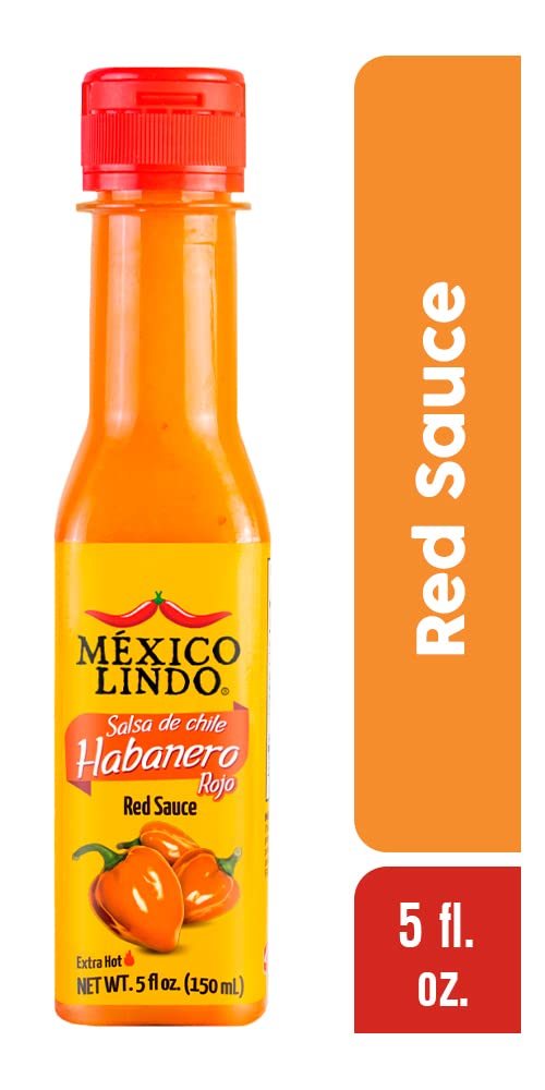 Mexico Lindo Red Habanero Hot Sauce - 5 Fl Oz (Pack of 6) - 78,200 Scoville - Perfect for Mexican Food, Seafood & Pasta