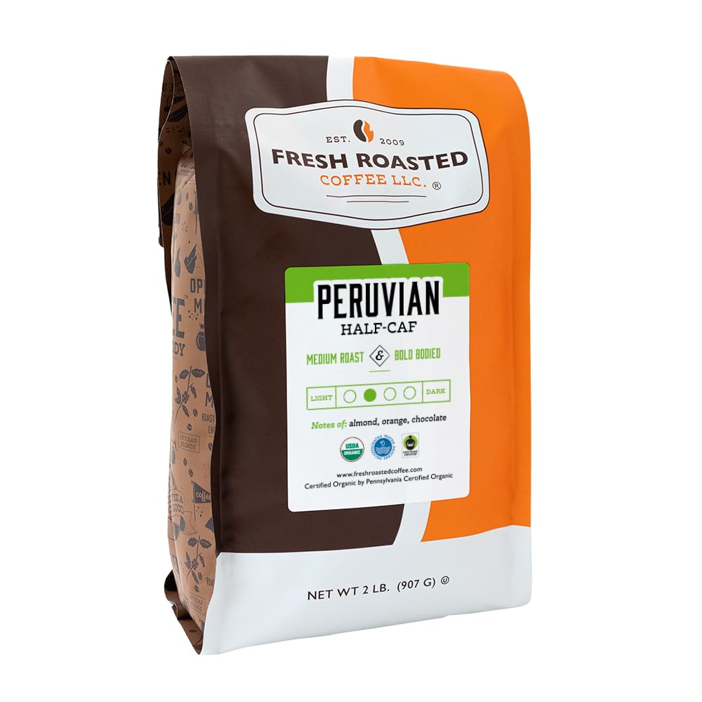 Fresh Roasted Coffee Organic Peru Half-Caf Whole Bean, Medium Roast, 32 oz, USDA Organic, Kosher