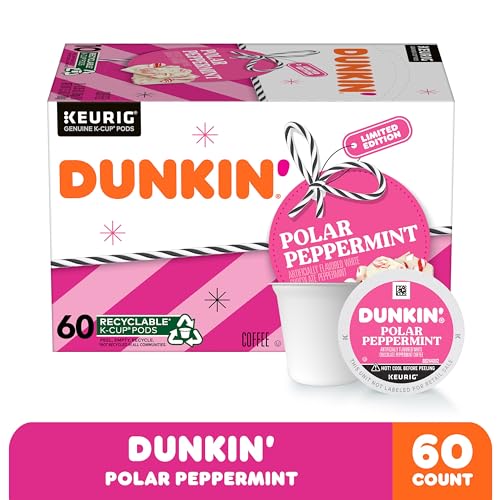 Dunkin White Chocolate Peppermint Artificially Flavored Coffee, K-Cup Pods, 60 Ct.