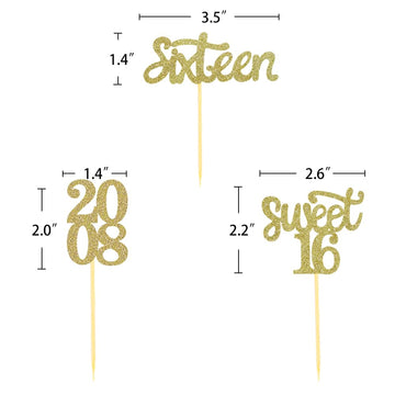 24 Pcs Sweet 16 Gold Glitter Birthday Cupcake Toppers For 16Th Birthday Celebrating Party Decorations (Gold)