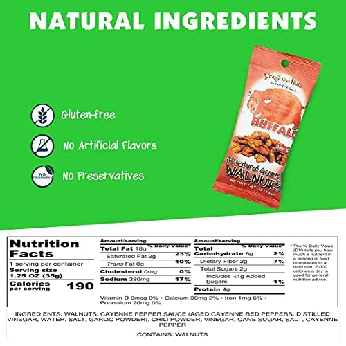 Crazy Go Nuts Walnuts - Buffalo, 1.25 Oz (6-Pack) - Healthy Snacks, Vegan, Gluten Free, Superfood - Natural, Ala, Omega 3 Fatty