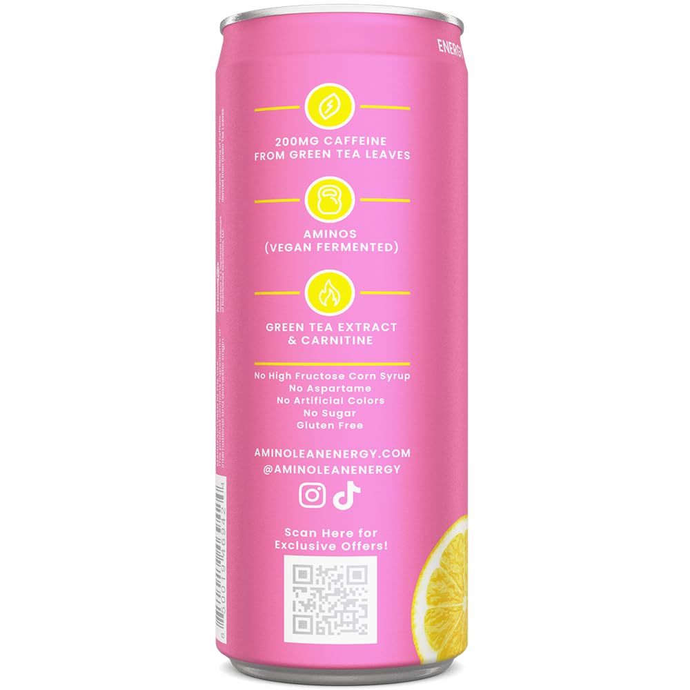RSP NUTRITION AminoLean Energy Drink - Sugar Free, Natural Caffeine, Vegan Amino Acids, Pink Lemonade, 12 oz, Pack of 12