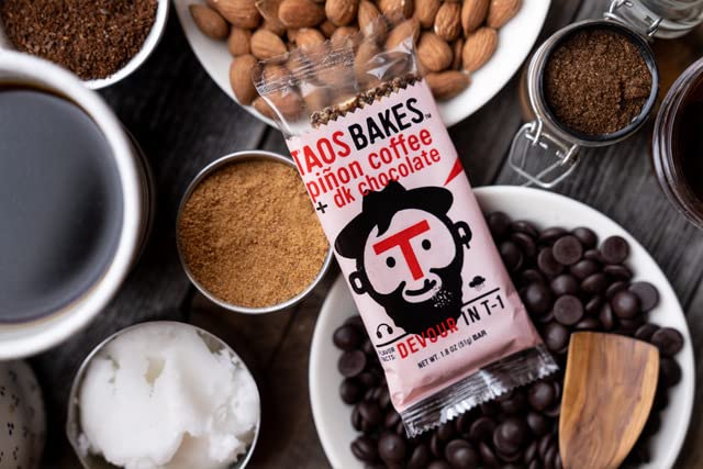 Taos Bakes - Coffee + Dark Chocolate - Breakfast Bar - 8G Of Protein, 6G Fiber, & Gluten Free - Healthy Snack For Mature-Themeds - Filled With Pine Nuts, Almonds, Chocolate, & Chia Seeds - 12 Pack, 1.8Oz Ea