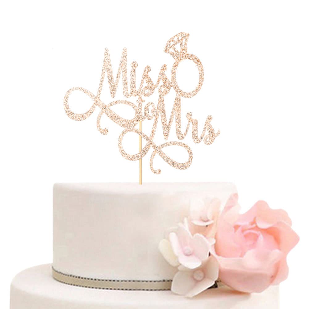 Miss To Mrs Cake Topper, Glitter Wedding Engagement Bridal Shower Bachelorette Party Decorations Supplies, Rose Gold