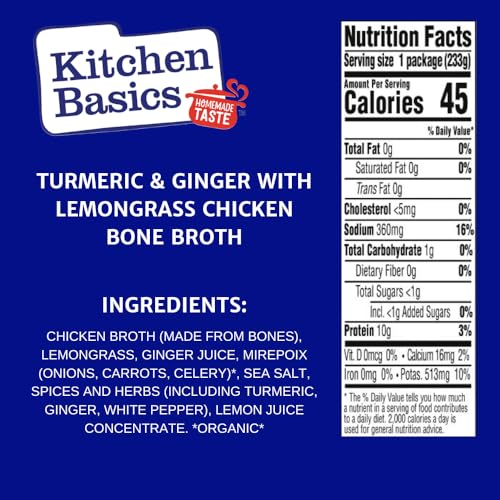 Kitchen Basics Turmeric & Ginger With Lemongrass Chicken Bone Broth, 8.25 Oz (Pack Of 12) | No Artificial Flavors, Gluten Free, Keto Friendly, Great For Sipping, Resealable Cap |