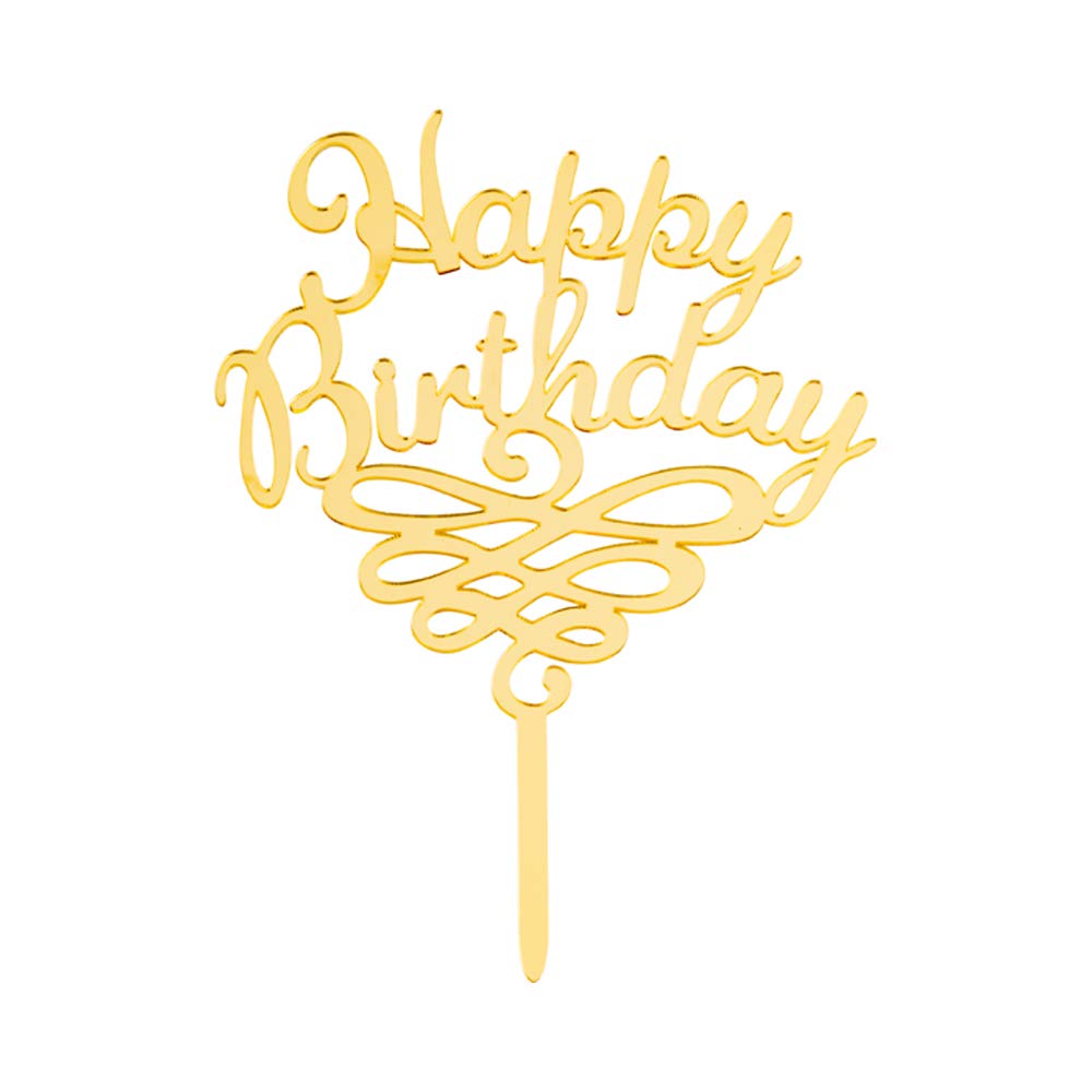 Restaurantware Top Cake Happy Birthday Cake Topper 1 Mirrored Birthday Cake Decoration - With Swirls Durable Gold Acrylic Birthd