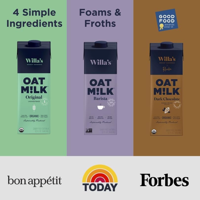 Willas Organic Oat Milk - Chocolate Unsweetened Cacao Oatmilk, Non-GMO, Shelf Stable, Low Sugar, Non-Dairy Milk, Made from Whol