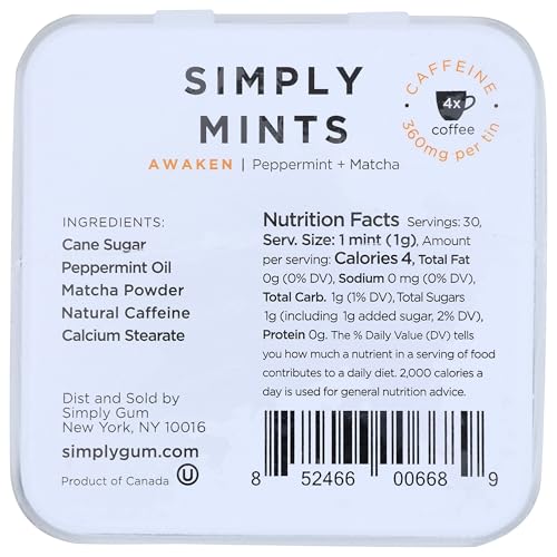 Simply Gum Caffeine Awaken Mints - Peppermint and Matcha Flavor - 1.1 oz