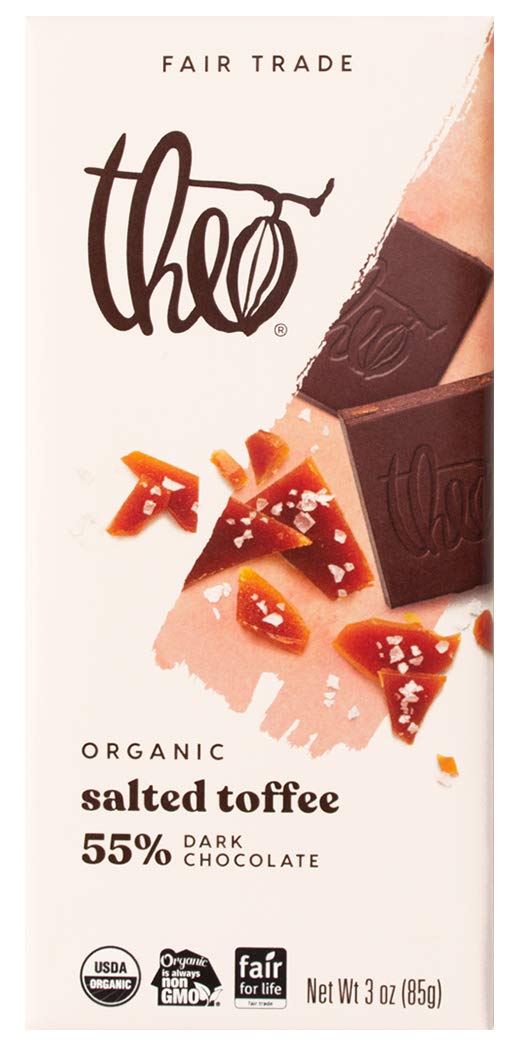 Theo Salted Toffee Organic Dark Chocolate Bar, 55% Cacao, 1 Bar | Fair Trade
