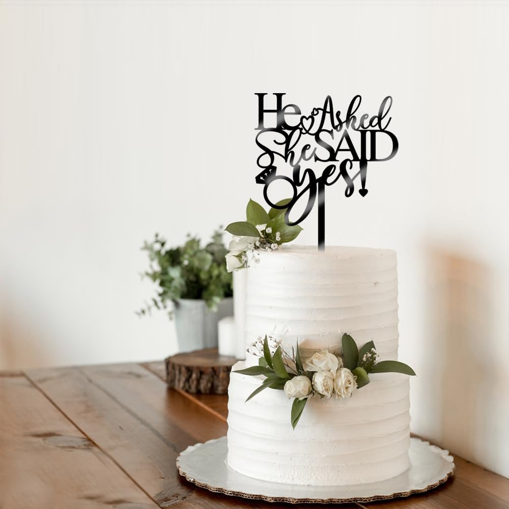 Qertesl He Asked She Said Yes Cake Topper-Acrylic Diamond Ring Cake for Wedding Enaggement Theme Party Cake Decorations,Bridal S