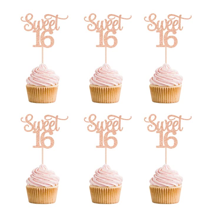 24 Pcs Rose Gold Glitter Double-Sided Sweet 16 Cupcake Toppers, Sixteen Cupcake Picks, 16Th Birthday Anniversary Party Cake Deco