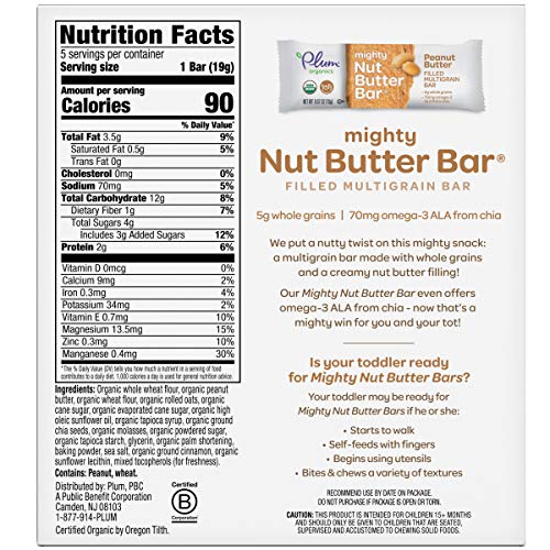 Plum Organics | Mighty Nut Butter Snack Bars | Organic Toddler & Kids Snacks | Peanut Butter | 0.67 Ounce Bar (40 Total)