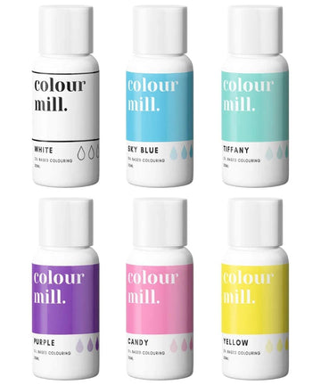 Colour Mill Rainbow Pack Oil-Based Food Coloring, 20 Milliliters Each Of 6 Colors: White, Sky Blue, Tiffany, Purple, Candy And Y