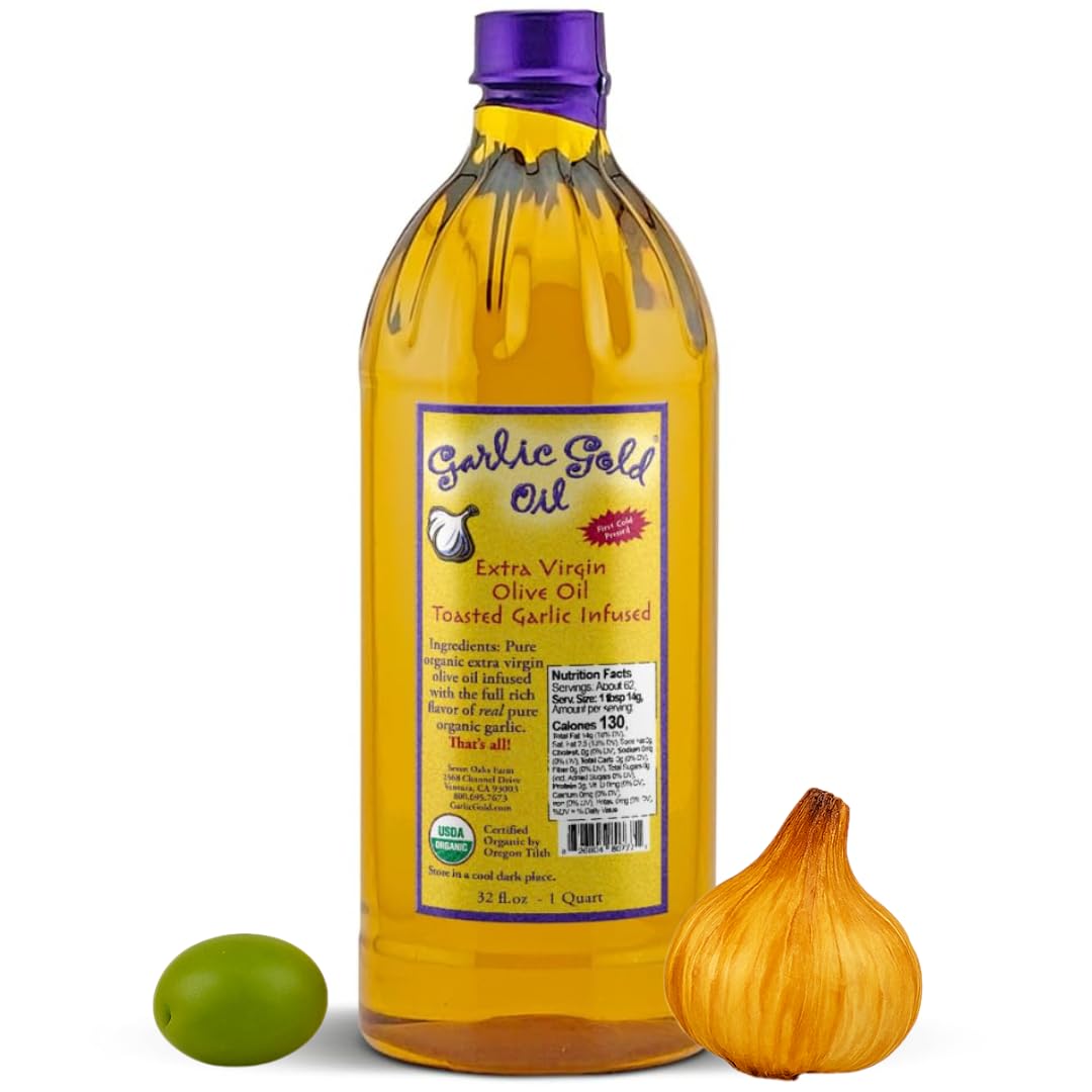 Garlic Gold Extra Virgin Olive Oil Infused with Garlic, Premium Certified USDA Organic, Low FODMAP, Cold Pressed (32 Fl Oz, 1 Pa
