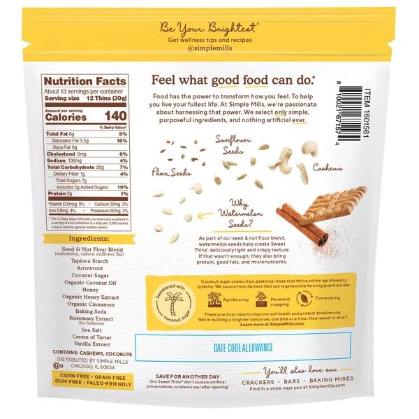 Simple Mills Seed & Nut Flour Honey Cinnamon Sweet Thins 14 oz (Best Before 09/06/2025)