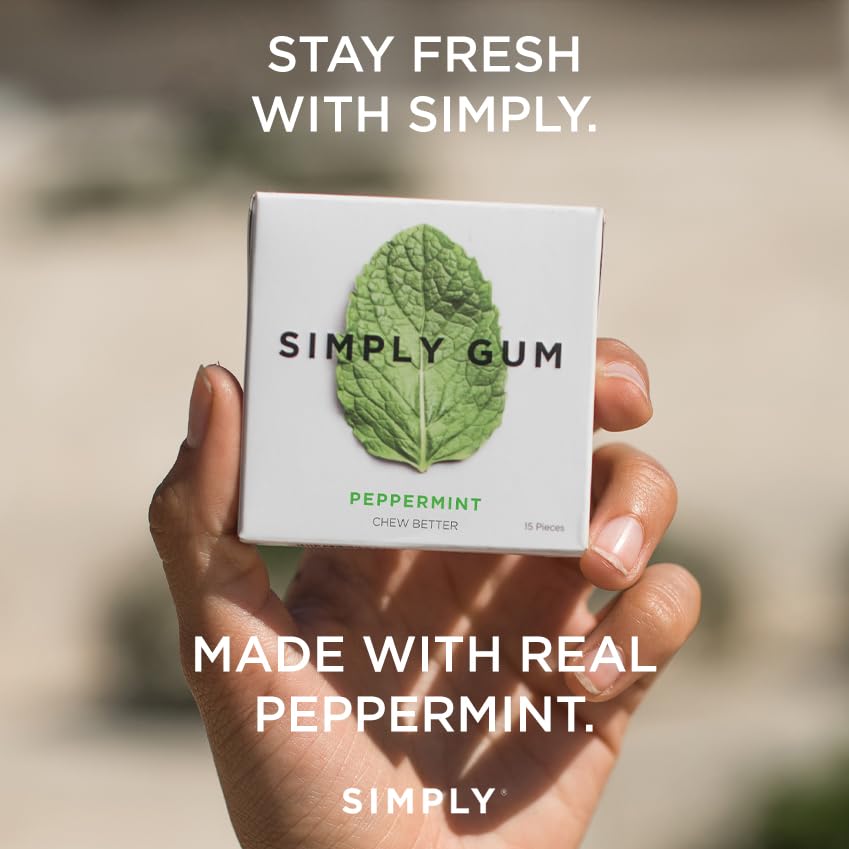 SIMPLY Gum Peppermint, Plastic-Free Natural Chewing Gum, 6 Pack (90 Pieces) | Vegan, Kosher, Non GMO, Aspartame Free and Sorbito