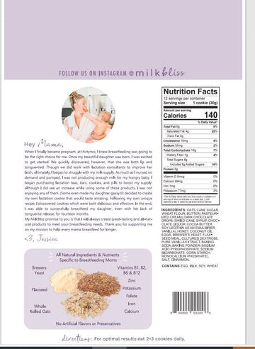 MilkBliss Dark Chocolate Chip Oatmeal Cookies with malt-inspired Yeast, 12 oz, Lactation Support for Breastfeeding