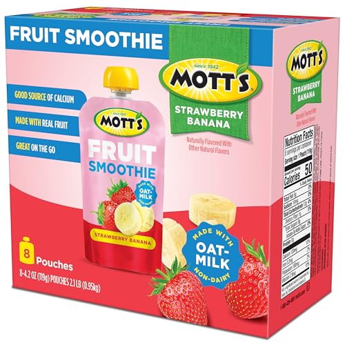 Motts Fruit Smoothies Strawberry Banana, 4.2 oz clear pouches, 8 Pack, Non-dairy, Made With Oatmilk, Made With Real Fruit, Good