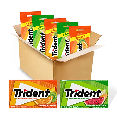 Trident Sugar-Free Chewing Gum Variety Pack Candy, Watermelon Twist & Tropical Twist Flavor, Bulk, 15 Packs of 14 Pieces (210 To
