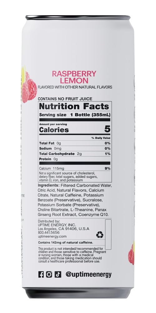 UPTIME Energy Drink, Raspberry Lemon, 12 Pack, Sugar Free, 12 Fl Oz Cans, 142mg Natural Caffeine
