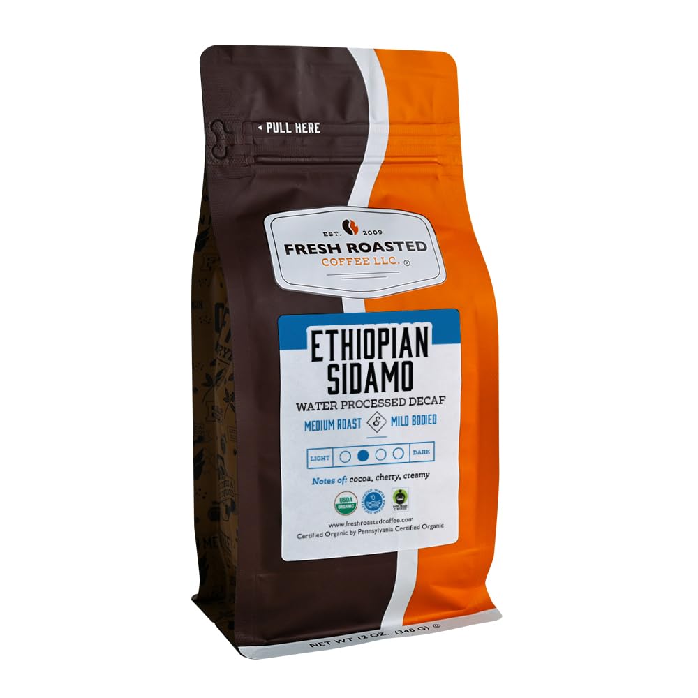 Fresh Roasted Coffee, Fair Trade Organic Ethiopian Sidamo Water Decaf, 12 oz, Kosher, Medium Roast Whole Bean