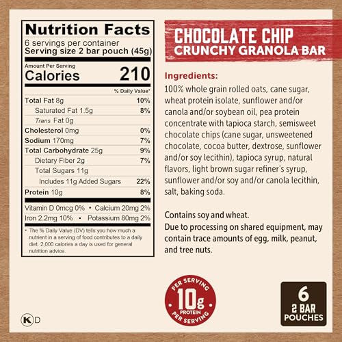 Kodiak Cakes Crunchy Granola Protien Snack Bars, Chocolate Chip, High Protein, 100% Whole Grains, 12 boxes with 6 pouches (144 b