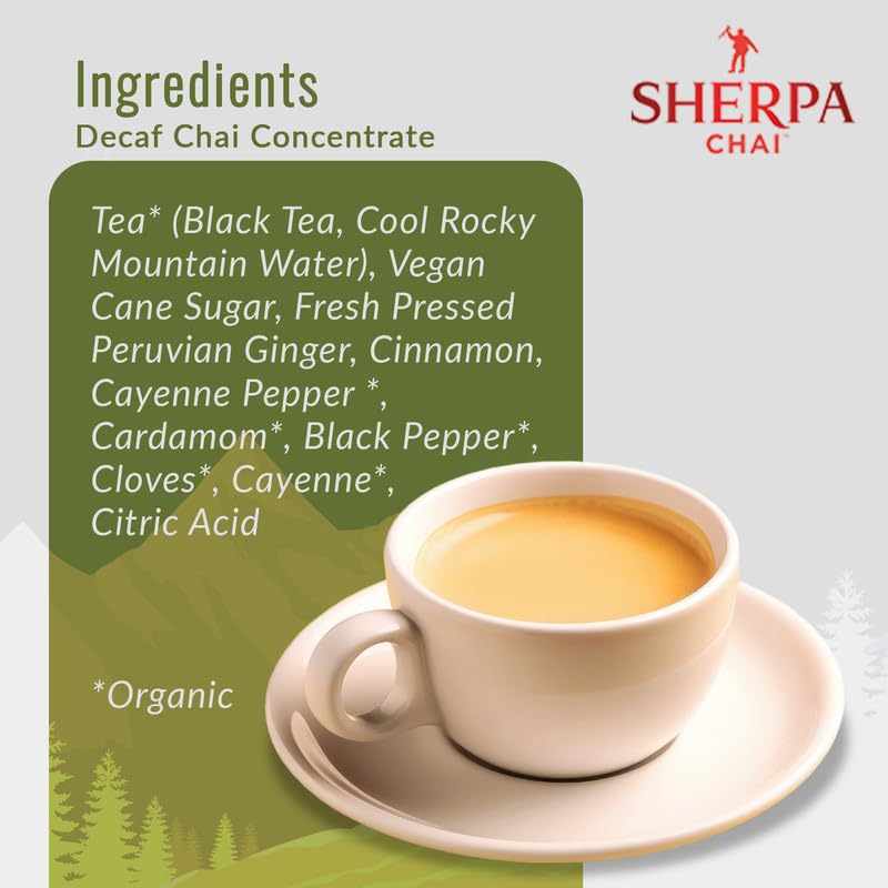 Sherpa Chai Decaf Organic Chai Tea Concentrate, 64 Oz - Himalayan Black Tea Concentrate W/Freshly Pressed Ginger - Authentic Rec