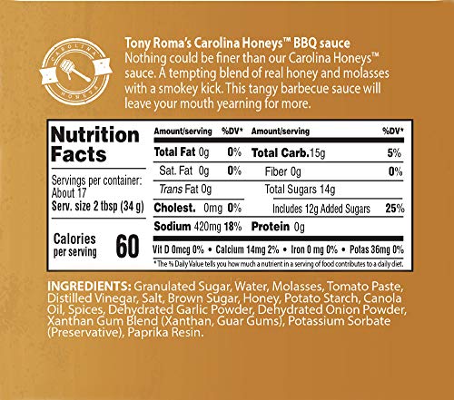 Tony Roma's Carolina Honeys Barbecue Sauce, 20 Ounce (Pack of 6), Honey Bbq