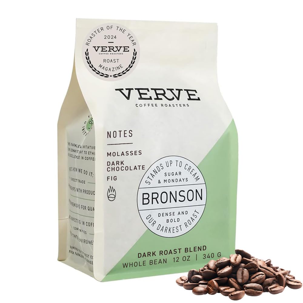 Verve Coffee Roasters Whole Bean Coffee Bronson Blend, French Dark Roast, 12oz Resealable Pouch, Ideal for Hot or Cold Brew