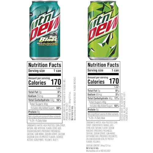 Mountain Dew Soda, 2 Flavor Baja Blast Variety Pack (Baja Blast, Original Dew), 12 Fl Oz Cans (Pack Of 18)