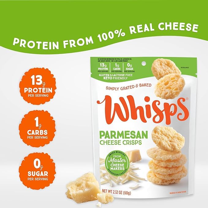 Whisps Parmesan Cheese Crisps | High Protein Gluten Free Snacks | 2.12 Oz, 6 Pack