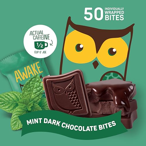 AWAKE - Caffeinated Chocolate Bites - Mint Dark Chocolate  50 Bites - 50mg Caffeine - Individually Wrapped Energy Bites - Coffee Alternative - Fairtrade  Gluten Free  Non GMO - 0.48oz