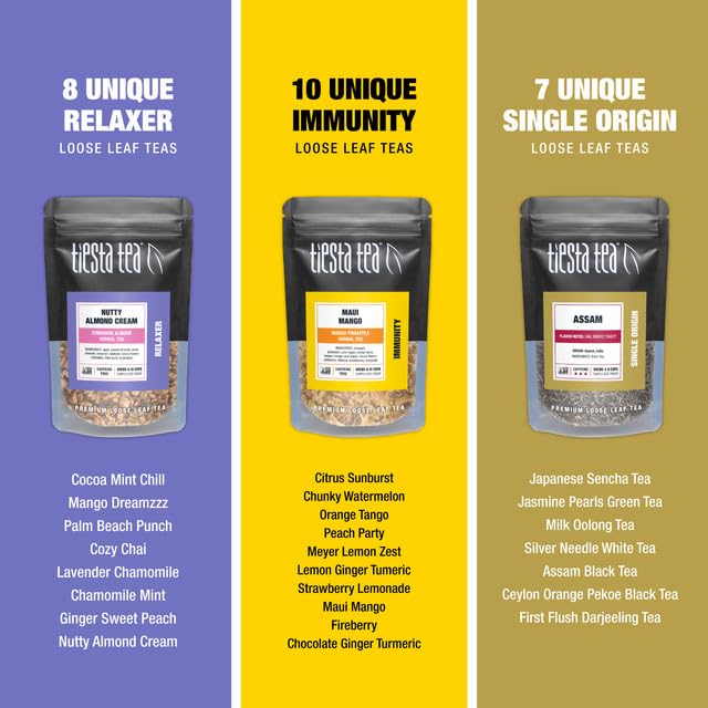 Tiesta Tea Tastings Sampler Set - Assorted Loose Leaf Tea, 45 Resealable Sample Pouches, High to No Caffeine, Hot/Iced Teas