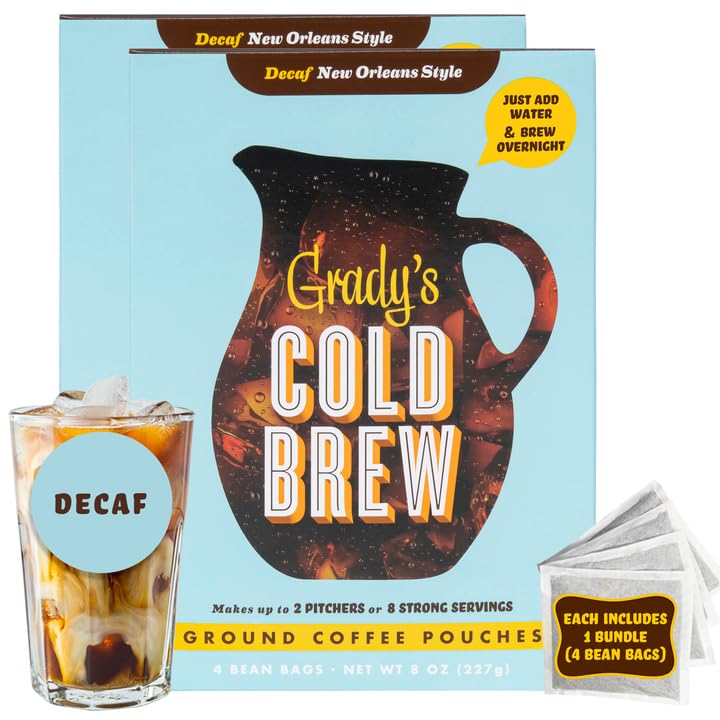 GRADYS COLD BREW, New Orleans Style - DECAF, 100% Arabica Ground Coffee & Chicory Pouches, TWO Bundles of 4 Easy-to-Brew Bean Ba