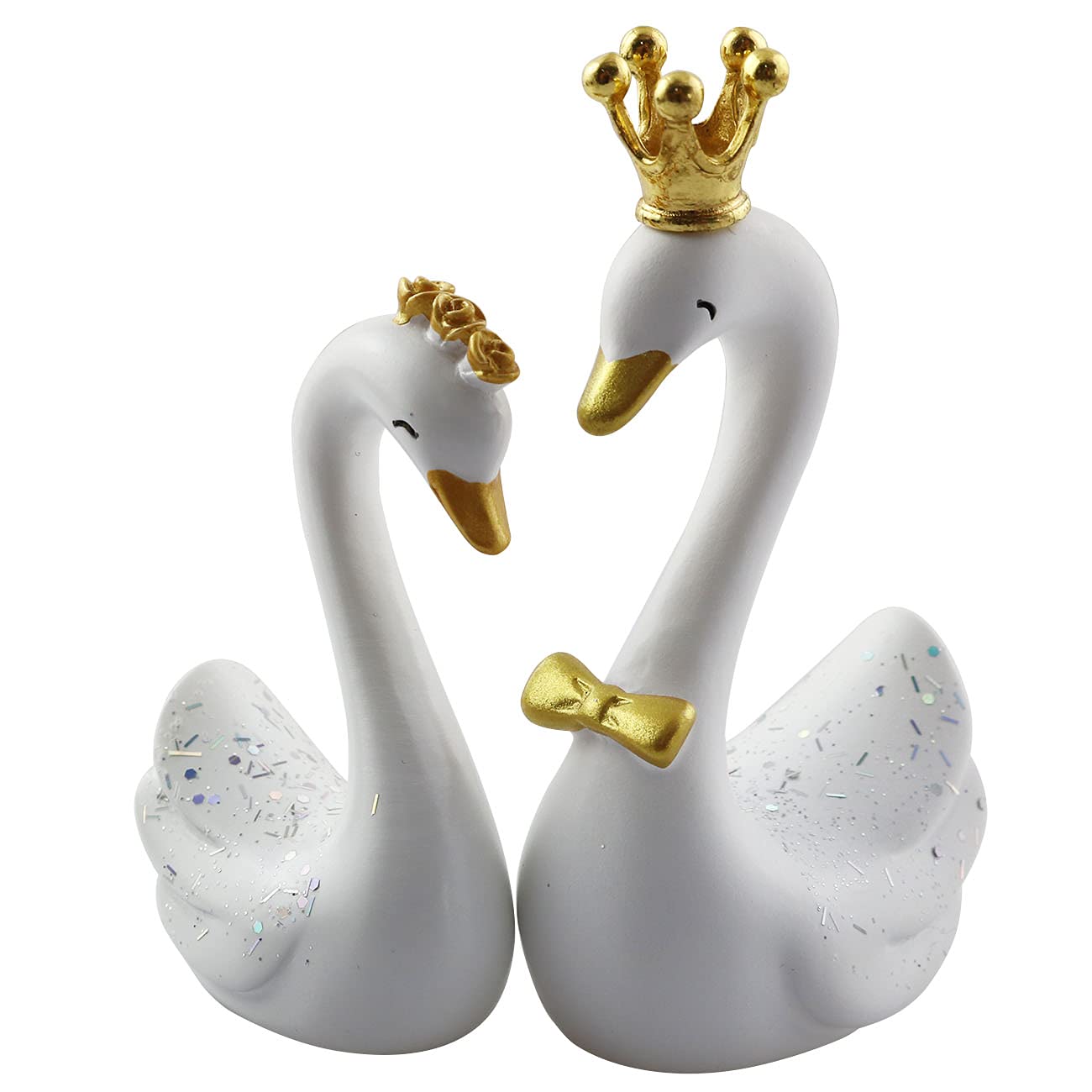Lq Industrial Swan Birthday Cake Topper 1Pair Small White Resin Swan Couple Figurine Ornaments Set With Gold Crown For Home Deco