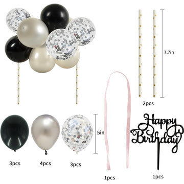 Beishida 5 Inch 10Pcs Balloon Cloud Cake Topper Silver Black Happy Birthday Cake Toppers Mini Balloon Cake Topper Garland With H