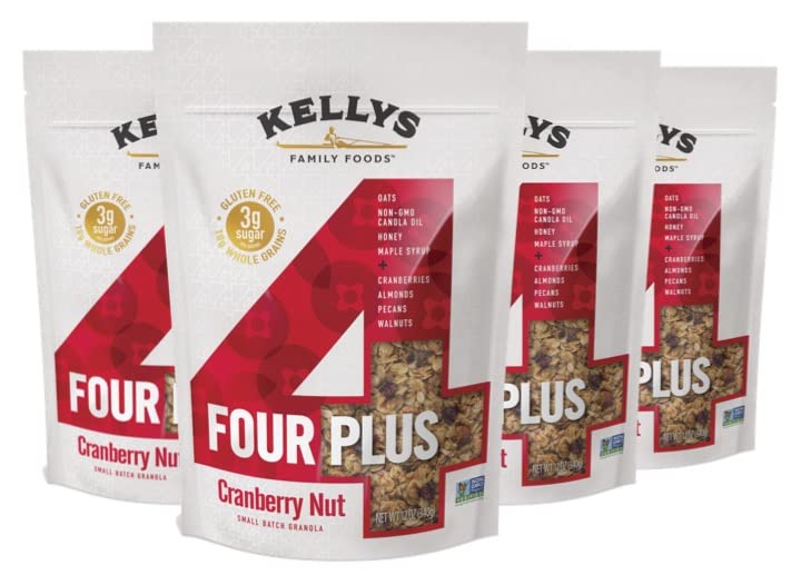 Kellys Four Plus Granola Cereal - Cranberry Nut, 12 oz (Pack of 4), Healthy Organic Snacks for Breakfast