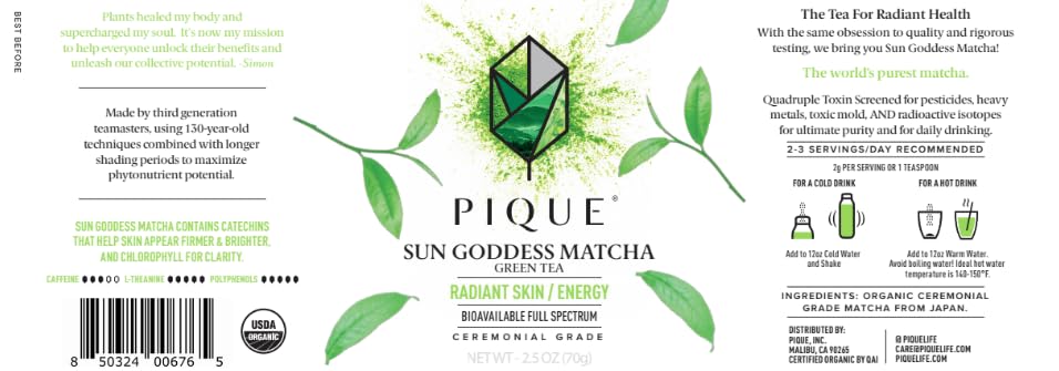 PIQUE Organic Sun Goddess Matcha - Ceremonial Grade Green Tea Powder, 2.5 Ounce