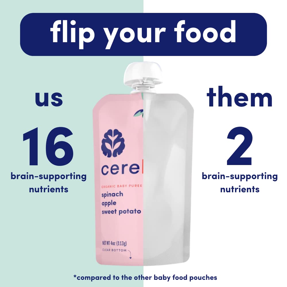 Cerebelly Organic Baby Food Pouches, Spinach Apple Sweet Potato Purees, 16 Nutrients, No Added Sugar, Fiber & Non-Gmo, 4Oz, 12 Pack
