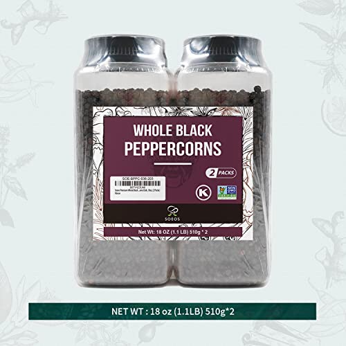 Soeos Black Peppercorns, 36oz (Pack of 2), Non-GMO, Kosher, Packed to Keep Peppers Fresh, Peppercorn for Grinder Refill, Whole P