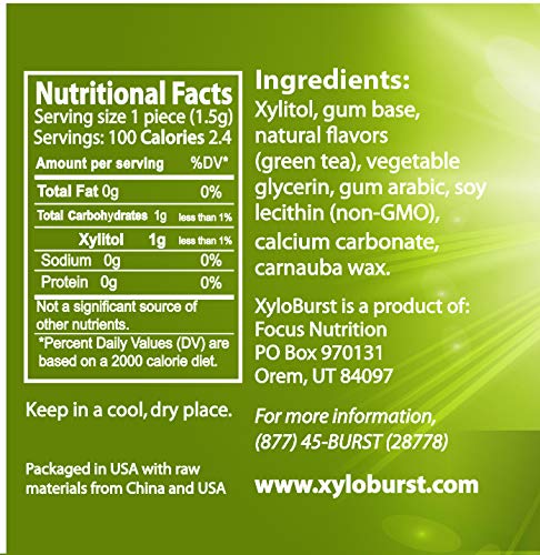 Xyloburst Green Tea Gum - Sugar-Free Natural Xylitol Teeth Cleaning Chewing Gum -100 Count Jar - Non Gmo, Vegan, Aspartame Free,