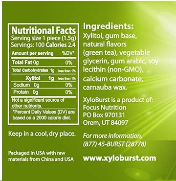 Xyloburst Green Tea Gum - Sugar-Free Natural Xylitol Teeth Cleaning Chewing Gum -100 Count Jar - Non Gmo, Vegan, Aspartame Free,