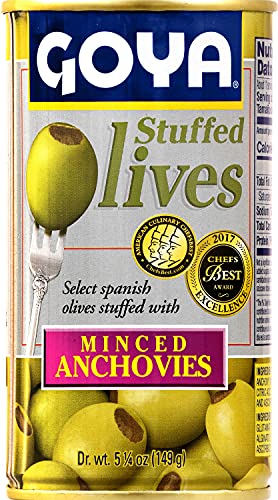 Goya Foods Manzanilla Olives Stuffed with Anchovies, 5.25 oz, Pack of 12