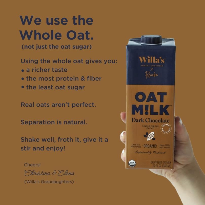 Willas Organic Oat Milk - Chocolate Unsweetened Cacao Oatmilk, Non-GMO, Shelf Stable, Low Sugar, Non-Dairy Milk, Made from Whol