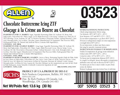 Rich'S Jw Allen Pre-Whipped Chocolate Buttercreme Icing Ztf, 30 Lb
